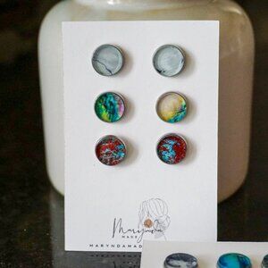Acrylic Stud Earring Set – 3 Pair Bundle – Colorful Swirl Textured Studs – Light